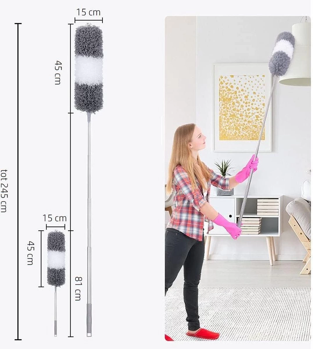 Vannons - Plumeau - Ragebol - Plumeau Uitschuifbaar Tot 245 Cm - Met Telescoopsteel - Wasbaar Microvezel - Grijs Wit - Afbeelding 2