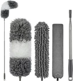 Novabeau® - Telescopische Plumeau – Plumeau Met Telescoopsteel – Ragebol – Uitschuifbaar – Grijs – 3-delige Set