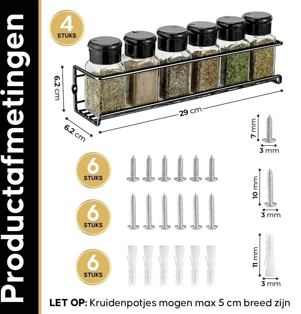 YORGS Kruidenrek Ophangbaar - Kruidenrekje Voor Potjes - Kruidenrekken Hangend 4 Stuks - Zwart - Inc Ophangmateriaal - Afbeelding 5