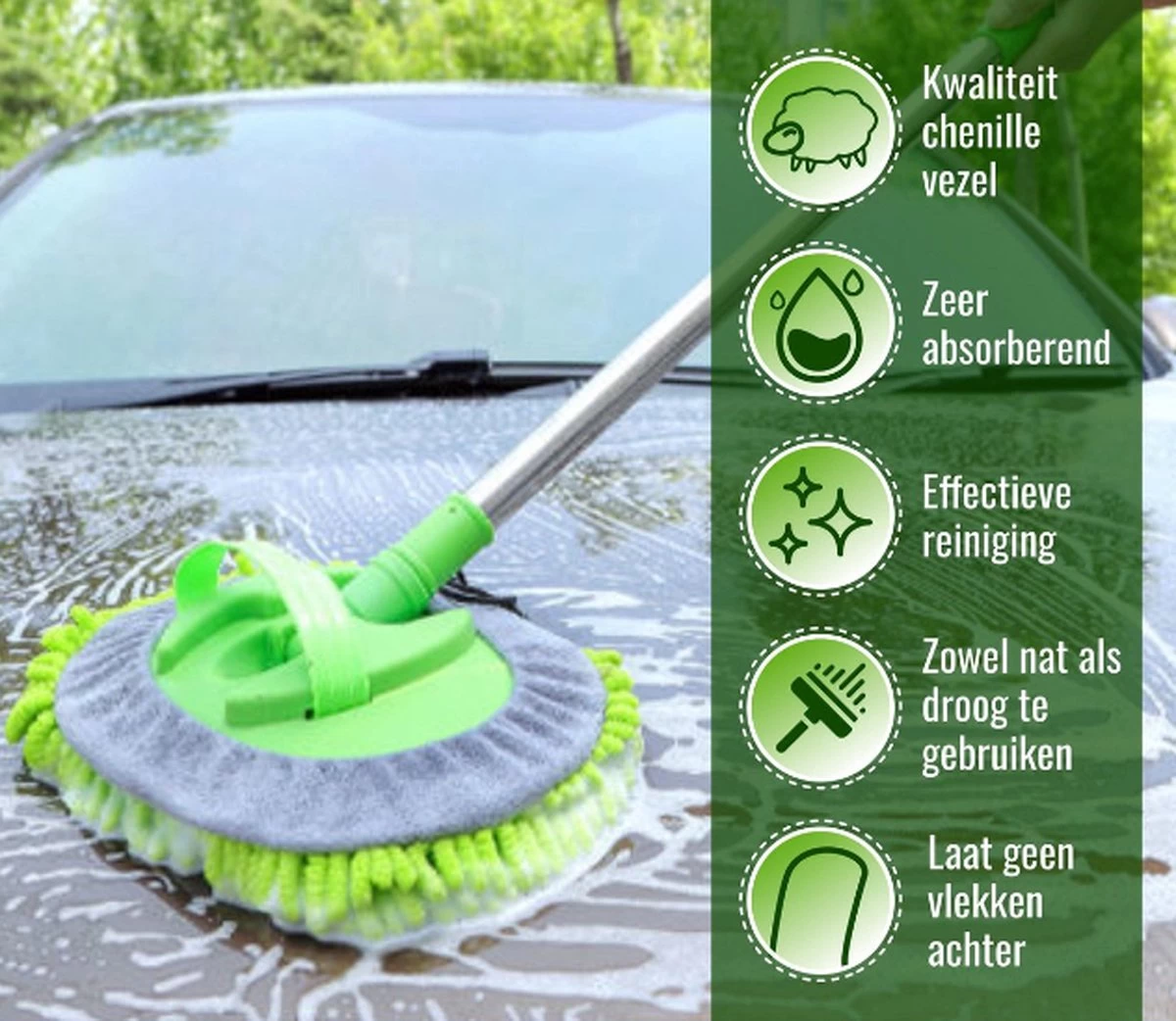 Merkloos Professionele Telescopische Wasborstel + Tonova Pen - Auto Schoonmaakborstel - Anti Slip - Auto, Caravan & Camper - Uitschuifbaar - Groen - Afbeelding 7
