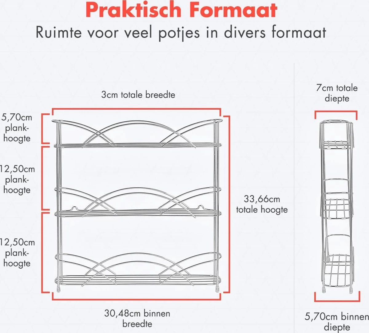 KitchenBrothers Kruidenrek - Staand - Voor 21 Potjes - 3 Laags - Chroom - Afbeelding 5