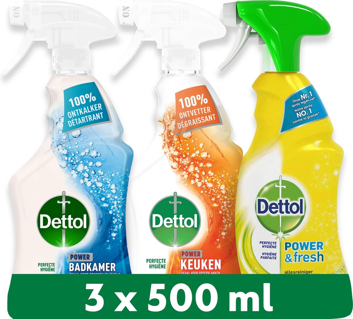 Dettol - 1,5L Allesreiniger Spray Power & Fresh - Badkamer 1x500 Ml Keuken 1x500ml Citrus 1x500ml - Voordeelverpakking