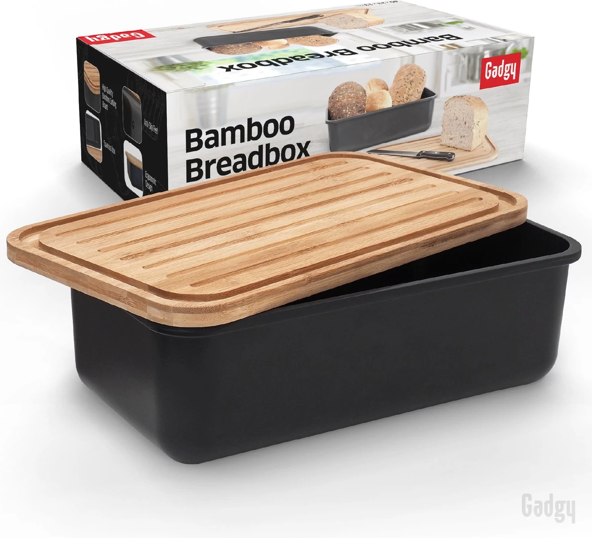 Gadgy Broodtrommel Met Bamboe Deksel – Brooddoos Met Snijplank - 36x19.5x11.5 Cm- Zwart - Afbeelding 8