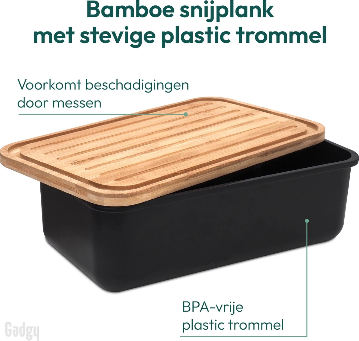 Gadgy Broodtrommel Met Bamboe Deksel – Brooddoos Met Snijplank - 36x19.5x11.5 Cm- Zwart - Afbeelding 6
