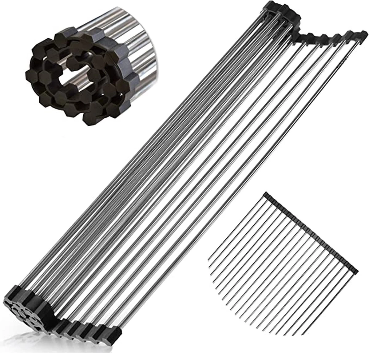 IBright Oprolbare Afdruiprek - Pannen Rooster Hittebestendig - Afdruiprooster - Pannenonderzetter - RVS Zwart