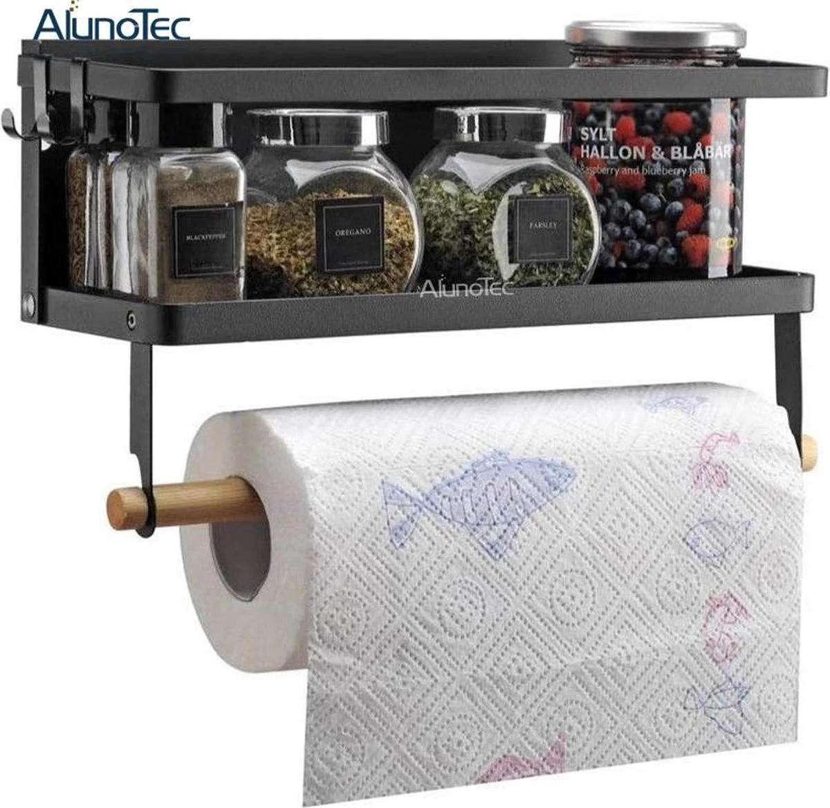 Merkloos Kruidenrek Zwart - Multifunctioneel Ophangbaar Keukenrek - Keukenrolhouder Zwart - Multifunctioneel Kruidenrek - Magnetisch Kruidenrek - Keuken Organizer - Koelkast Rek - Afbeelding 7