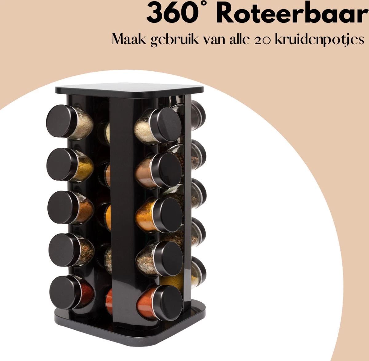 Pazzo Goods - Kruidenrek Staand - Kruidenrek Met Potjes - Zwart - RVS - Kruidenrek Draaibaar - 20 Kruidenpotjes - Inclusief Stickers & Stift - Kruiden Carrousel - Afbeelding 2