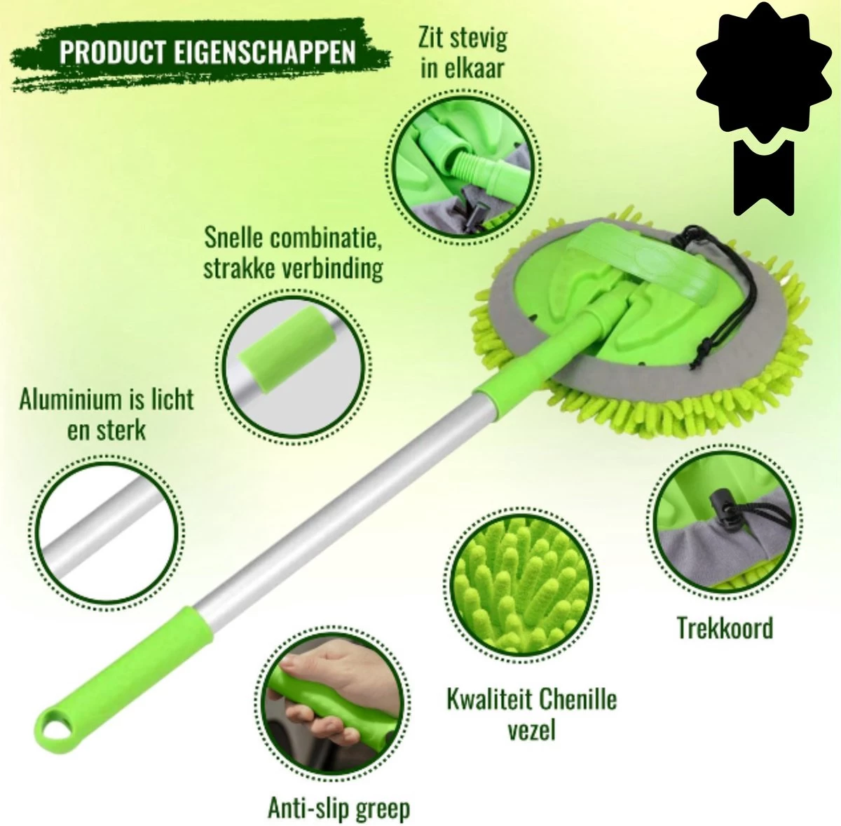 Merkloos Professionele Telescopische Wasborstel + Tonova Pen - Auto Schoonmaakborstel - Anti Slip - Auto, Caravan & Camper - Uitschuifbaar - Groen - Afbeelding 2