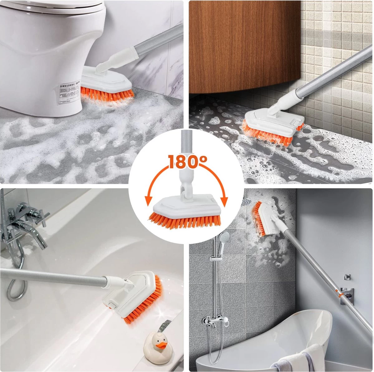 Merkloos Badkamer Reinigingsborstel - Badkamerschrobborstel - Reinigingsborstel - Met Afneembare Telescopische Handgreep En 180° Verstelbare Gezamenlijke Reinigingsborstel - Lange Steel 107 Cm - Afbeelding 2