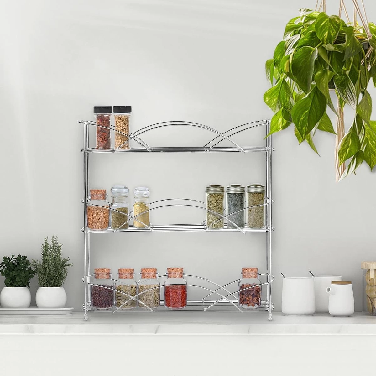 KitchenBrothers Kruidenrek - Staand - Voor 21 Potjes - 3 Laags - Chroom - Afbeelding 2