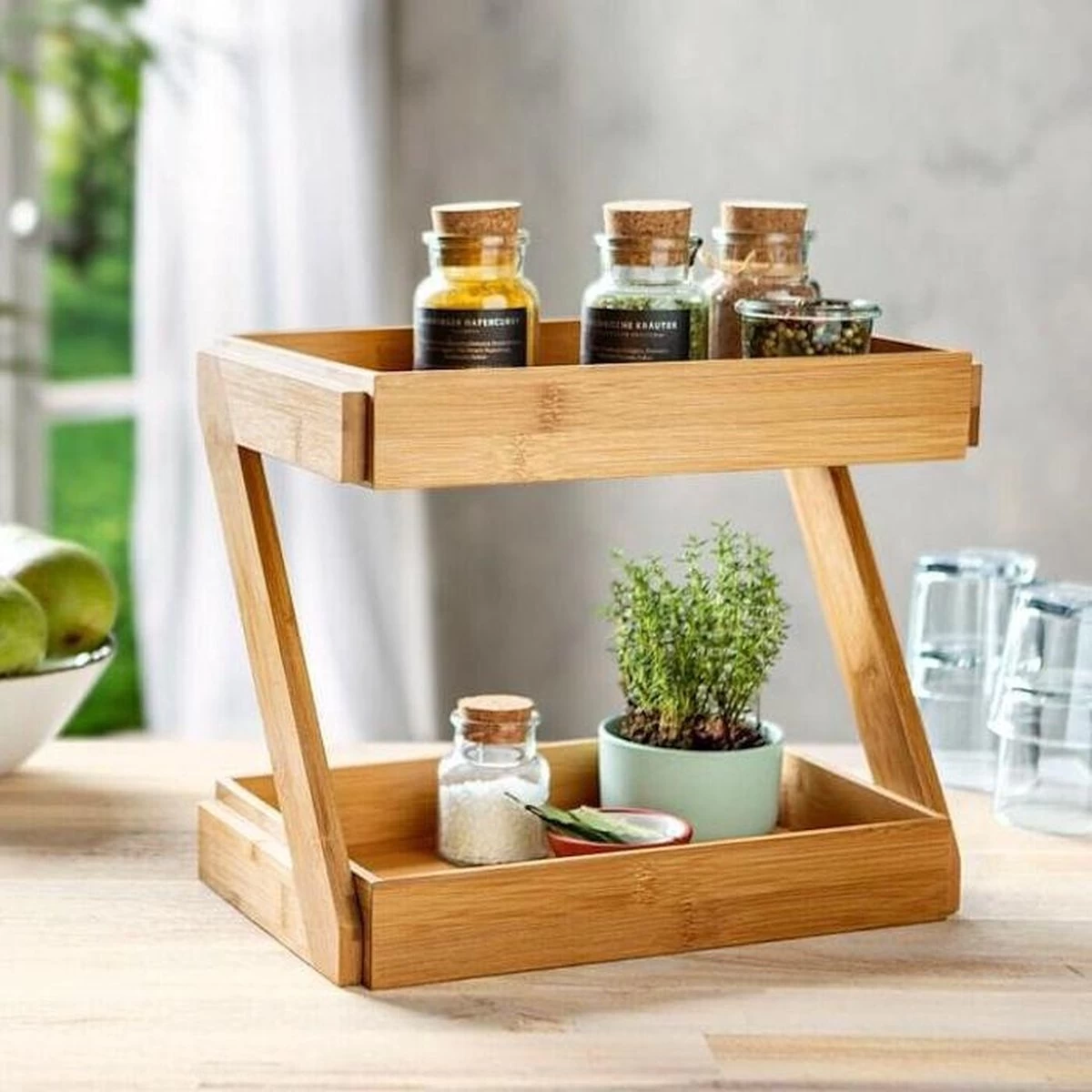 Merkloos Decopatent® 2 Laags Keuken Opbergrek - Staand Rek 2 Etages - Keukenrek - Bamboe Hout - Etagere Rek - Kruidenrek - Keuken Organizer - Afbeelding 2