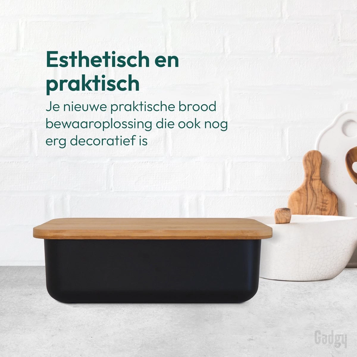 Gadgy Broodtrommel Met Bamboe Deksel – Brooddoos Met Snijplank - 36x19.5x11.5 Cm- Zwart - Afbeelding 5