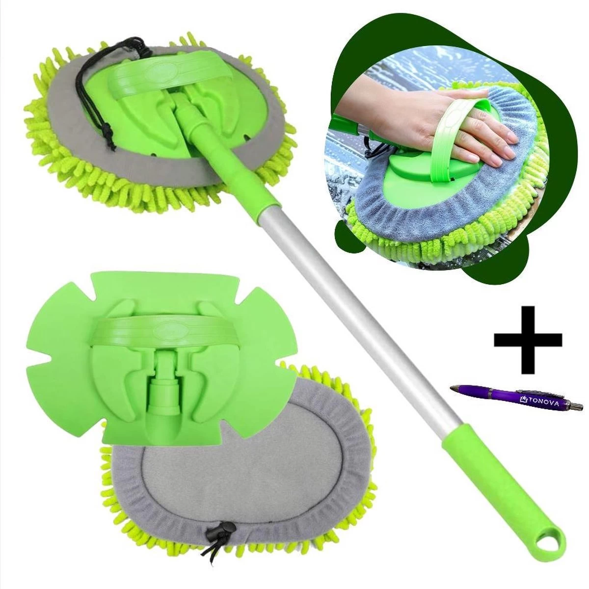 Merkloos Professionele Telescopische Wasborstel + Tonova Pen - Auto Schoonmaakborstel - Anti Slip - Auto, Caravan & Camper - Uitschuifbaar - Groen