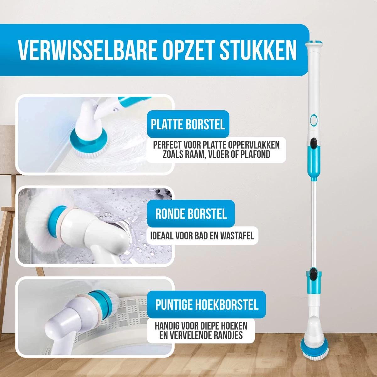 Strex Elektrische Schoonmaakborstel - Draadloze Schrobborstel - Schrobber - 3 Opzetstukken - Telescoopsteel - Poetsmachine Met Krachtige Accu - Afbeelding 3