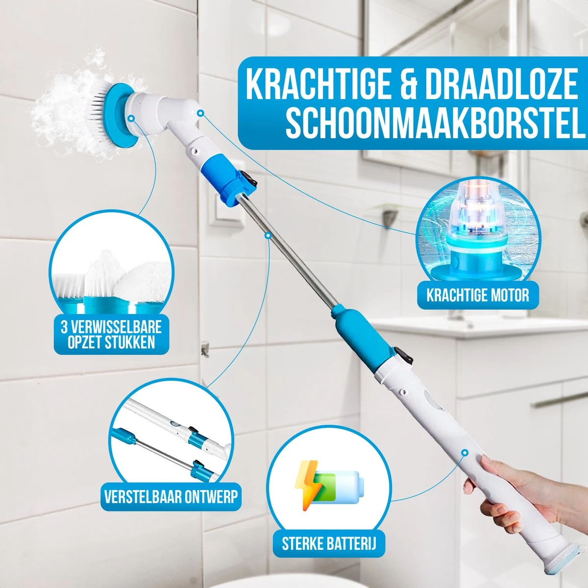Strex Elektrische Schoonmaakborstel - Draadloze Schrobborstel - Schrobber - 3 Opzetstukken - Telescoopsteel - Poetsmachine Met Krachtige Accu - Afbeelding 4