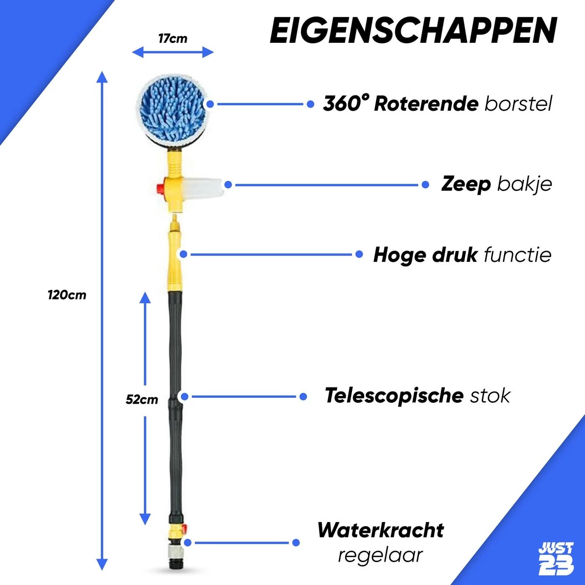 JUST23 Telescopische Autowasborstel – Schrobber Met Steel – Velgenborstel - Autowasset Met Zeep - Roterende Schoonmaakborstel - Multifunctionele Wasborstel - Afbeelding 10
