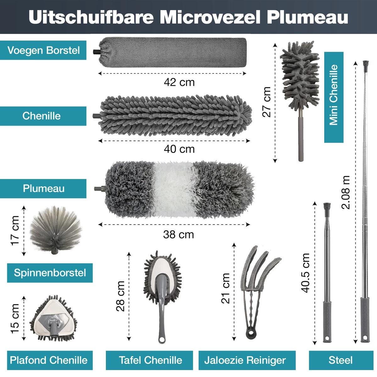 NovaBeau Plumeau Met Telescoopsteel – Microvezel Ragebol Uitschuifbaar - 9-delig Duster Set Met Voegenborstel – RVS Stoffer – Grijs Chenille Borstel – Wasbaar En Draaibaar - Afbeelding 2