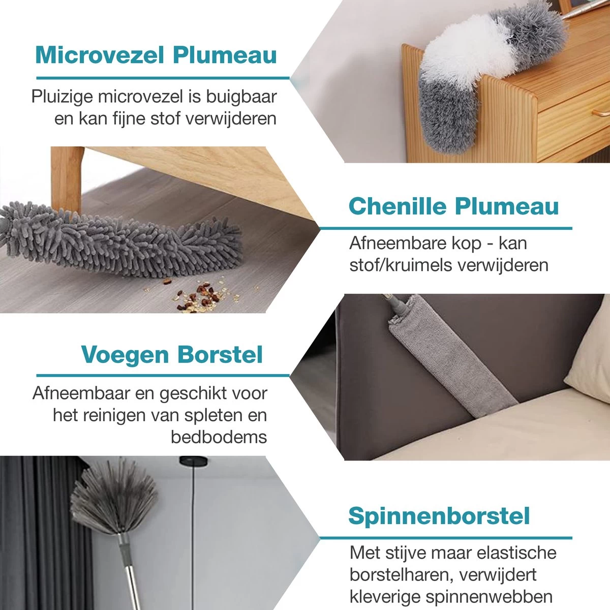 NovaBeau Plumeau Met Telescoopsteel – Microvezel Ragebol Uitschuifbaar - 9-delig Duster Set Met Voegenborstel – RVS Stoffer – Grijs Chenille Borstel – Wasbaar En Draaibaar - Afbeelding 3