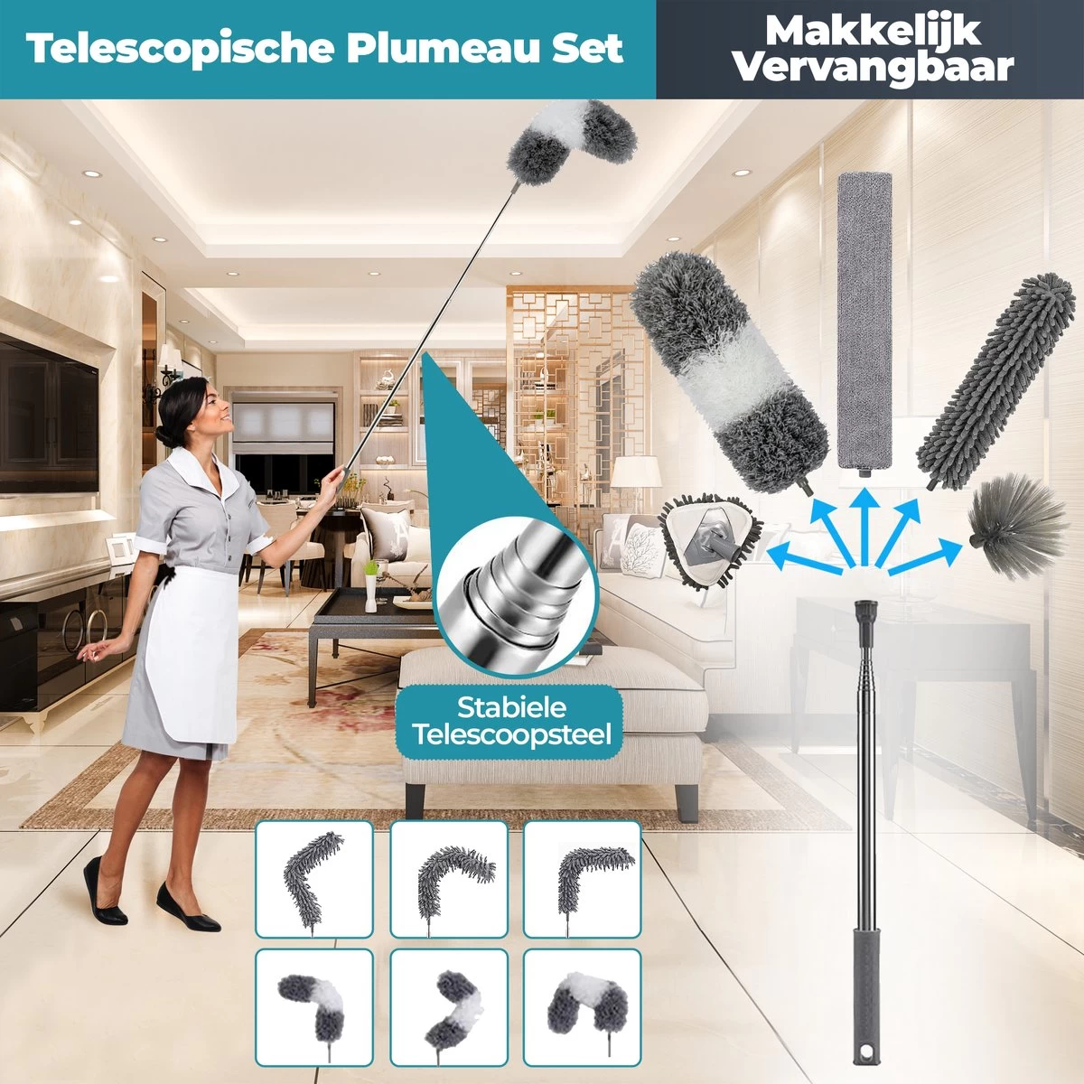 NovaBeau Plumeau Met Telescoopsteel – Microvezel Ragebol Uitschuifbaar - 9-delig Duster Set Met Voegenborstel – RVS Stoffer – Grijs Chenille Borstel – Wasbaar En Draaibaar - Afbeelding 5