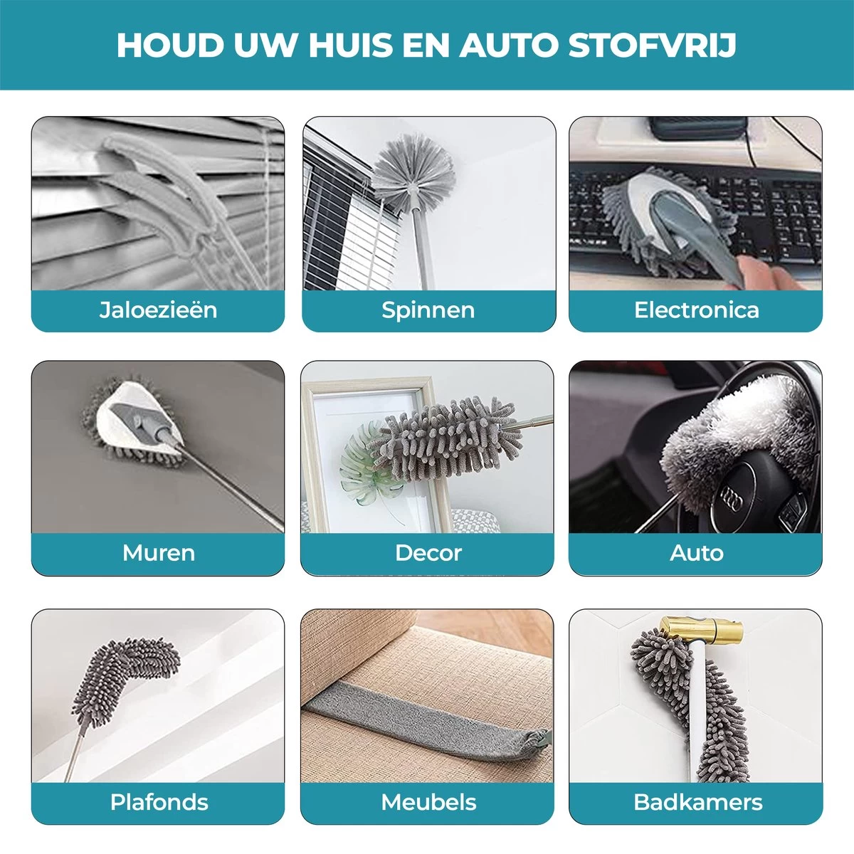 NovaBeau Plumeau Met Telescoopsteel – Microvezel Ragebol Uitschuifbaar - 9-delig Duster Set Met Voegenborstel – RVS Stoffer – Grijs Chenille Borstel – Wasbaar En Draaibaar - Afbeelding 6