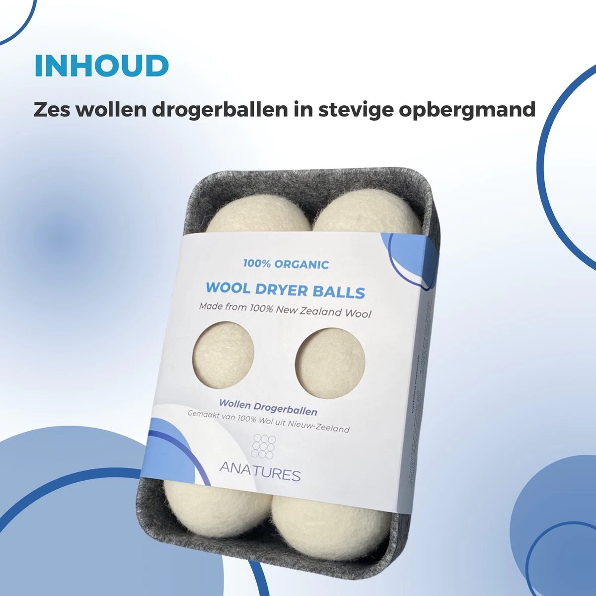 ANATURES Wollen XL Drogerballen 6 Stuks In Opbergmand – Herbruikbare Droogballen Wasdroger – Nieuw Zeelands RWS Schaapswol - Wasdrogerballen Duurzaam – Natuurlijke Wasverzachter - Afbeelding 2