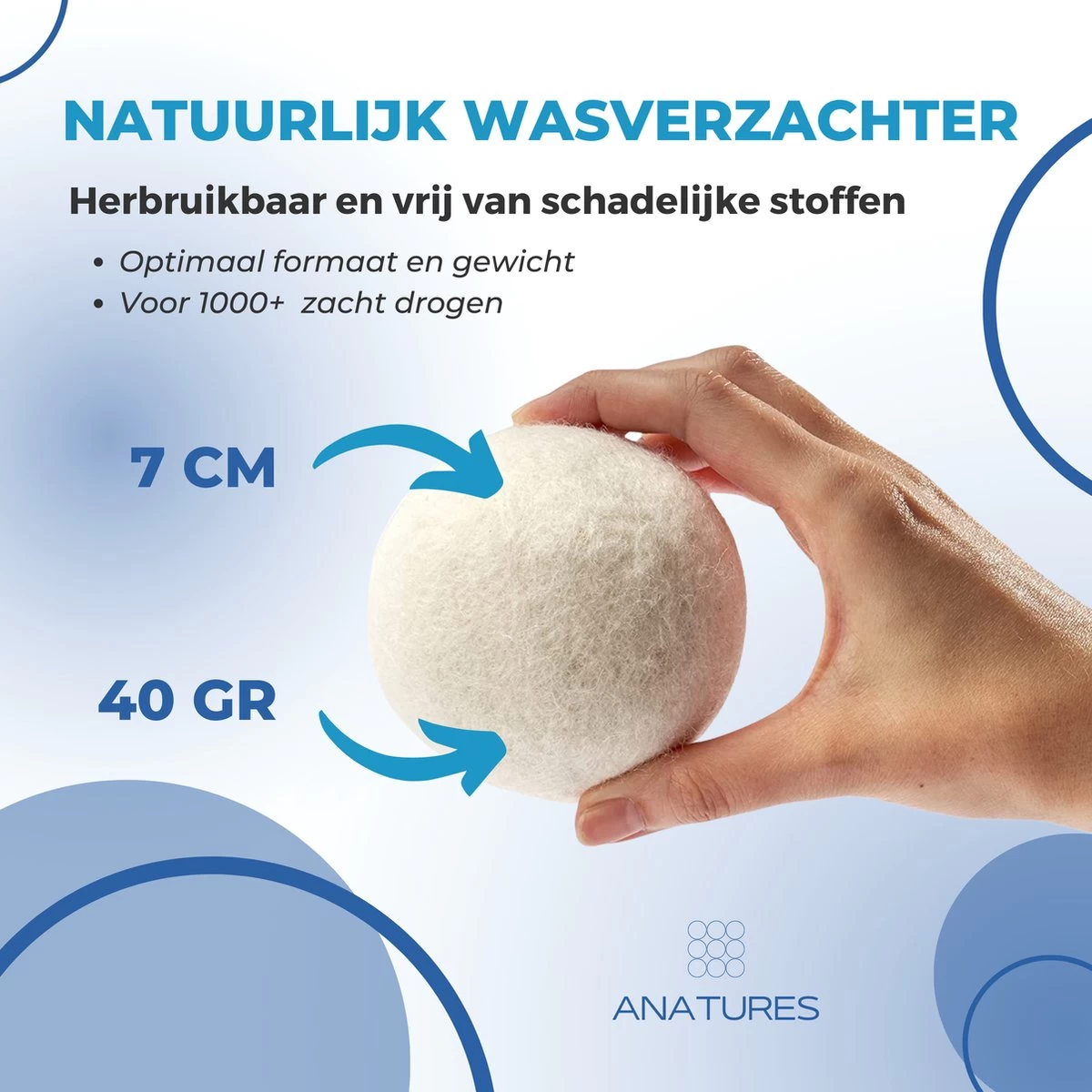 ANATURES Wollen XL Drogerballen 6 Stuks In Opbergmand – Herbruikbare Droogballen Wasdroger – Nieuw Zeelands RWS Schaapswol - Wasdrogerballen Duurzaam – Natuurlijke Wasverzachter - Afbeelding 7