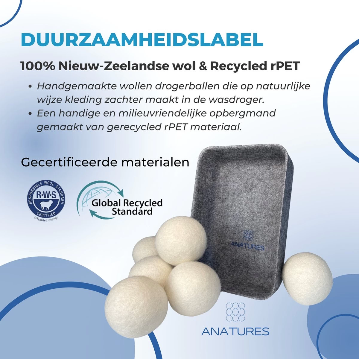 ANATURES Wollen XL Drogerballen 6 Stuks In Opbergmand – Herbruikbare Droogballen Wasdroger – Nieuw Zeelands RWS Schaapswol - Wasdrogerballen Duurzaam – Natuurlijke Wasverzachter - Afbeelding 11