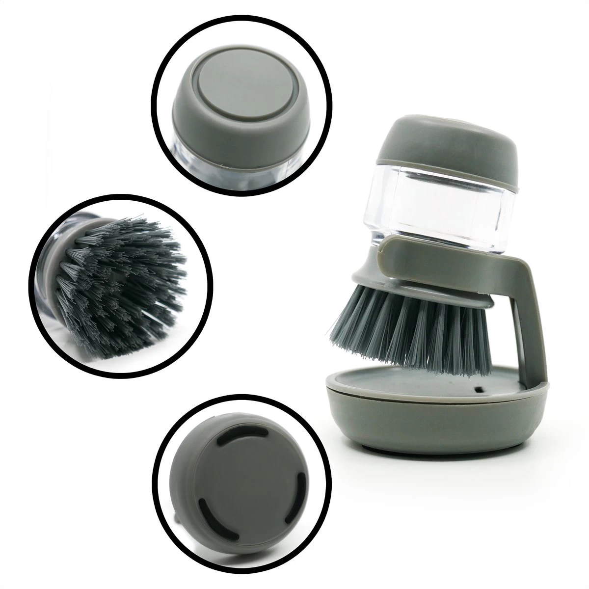 In Round Afwasborstel Met Zeepdispenser / Zeepreservoir – Inclusief Houder – Grijs – Afwas Borstel – Zeep Handborstel – Doseerpomp – Afwasmiddel Dispenser – Navulbaar - Afbeelding 3