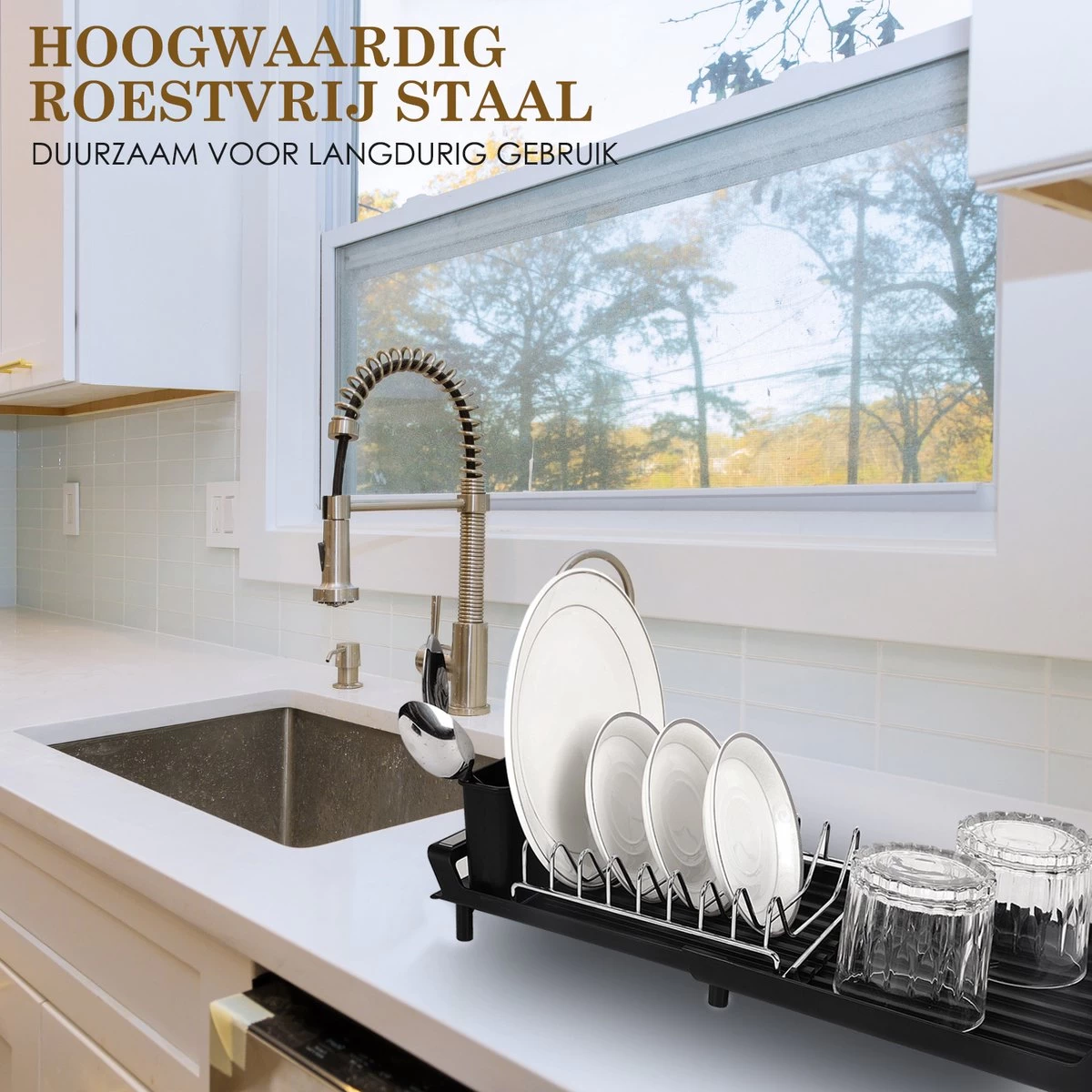 MIRI Afdruiprek – Afwasrek – Uitschuifbaar – Met Lekbak In Gootsteen – Afwas – Roestvrij Staal – Zwart - Afbeelding 5