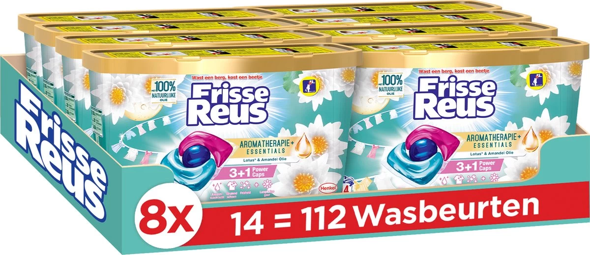 Frisse Reus Power Caps Lotus Amandel Wascapsules - Wasmiddel Capsules - Voordeelverpakking - 8 X 14 Wasbeurten