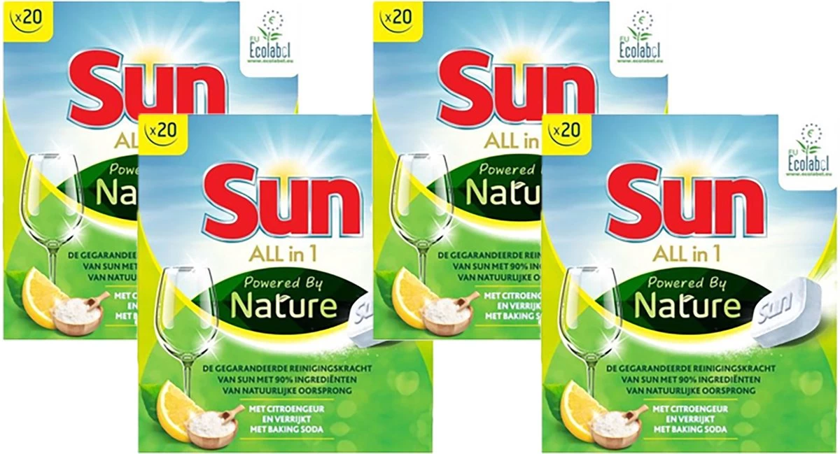 SUN® Sun All-In-1 Powered By Nature Eco Vaatwastabletten - 4 X 20 Tabletten - Voordeelverpakking