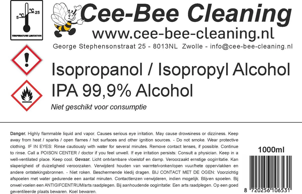 Cee-Bee Isopropanol | Isopropyl | IPA 99.9% Alcohol | 1000 Ml | 3 Flessen á 1 Liter | 3 Liter - Afbeelding 2