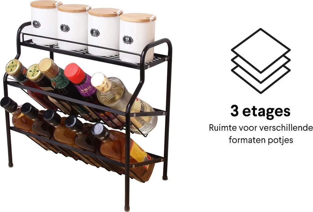 Zindoo Kruidenrek Zwart 3-laags Staand - Specerijen Rek - Kruiden Rek - Duurzaam RVS - Anti Slip Onderzijde - Specerijenstandaard – Keukenorganizer - Spice Rack - Kitchen Rack - Spice Organizer Keukenaccessoire - ZIN-SR05 - Afbeelding 4