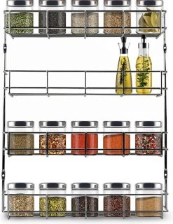 KitchenBrothers Ophangbaar Kruidenrek Voor 32 Kruidenpotjes - Spice Rack – Keuken Rek - Kruiden Organizer - Specerijen Opbergen - 4 Laags - 40 X 6.3 X 50 Cm - RVS