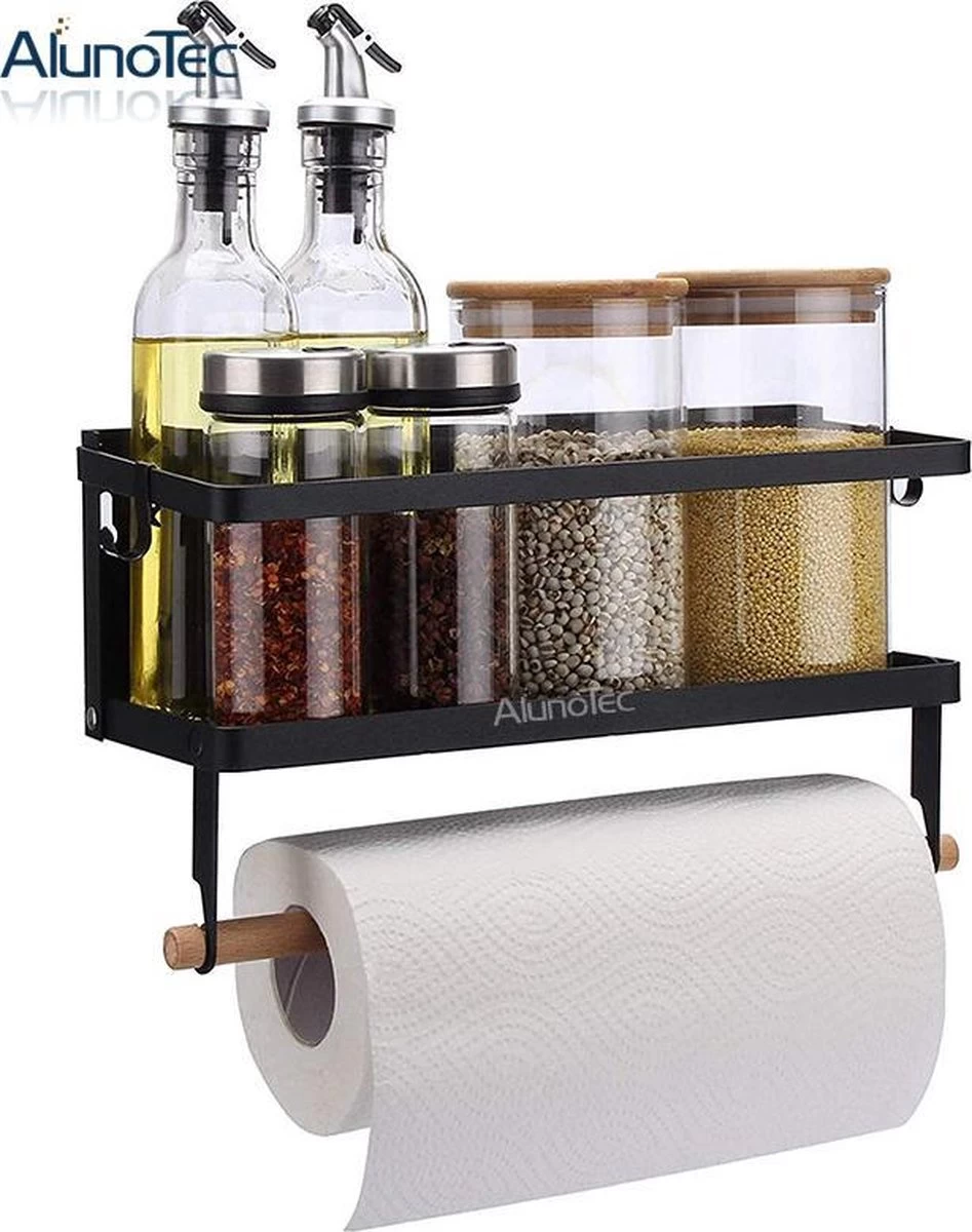 Merkloos Kruidenrek Zwart - Multifunctioneel Ophangbaar Keukenrek - Keukenrolhouder Zwart - Multifunctioneel Kruidenrek - Magnetisch Kruidenrek - Keuken Organizer - Koelkast Rek - Afbeelding 2